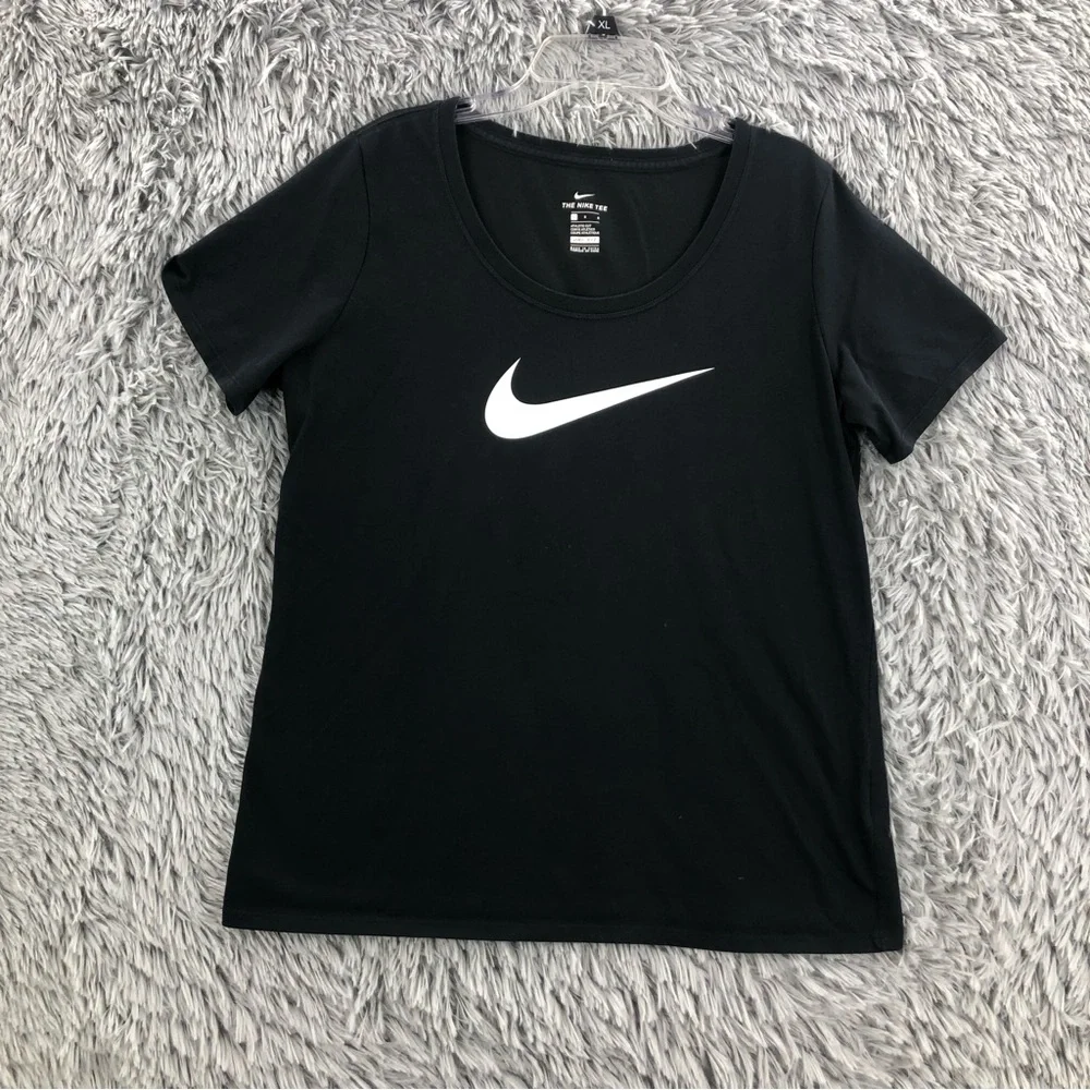Nike Tshirt Womens Large Swoosh Checkmark Black Athletic Workout Dri Fit Shirt
